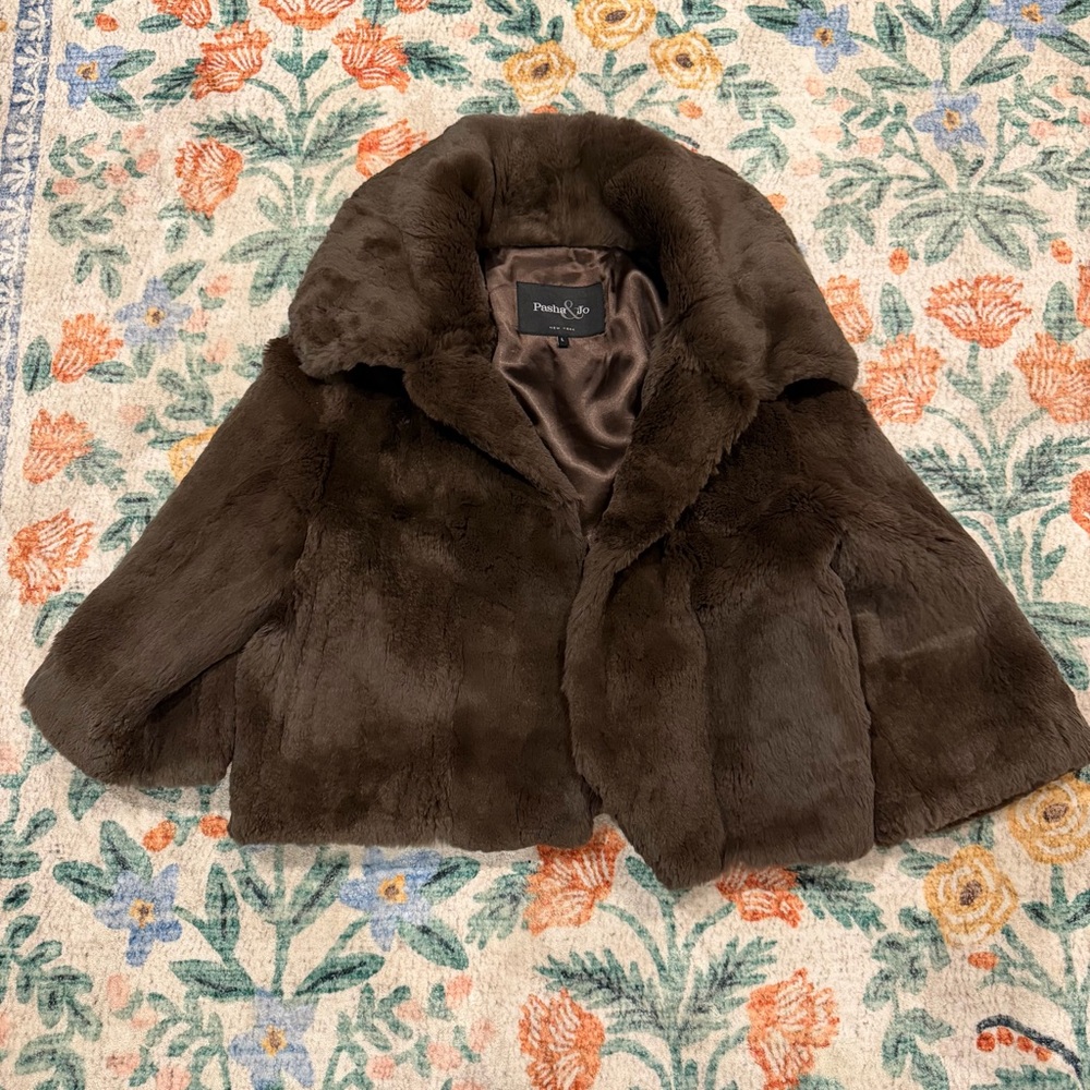 NEW Chocolate Espresso Brown Genuine  Rabbit Fur Oversized Cropped Coat - Picture 2 of 8